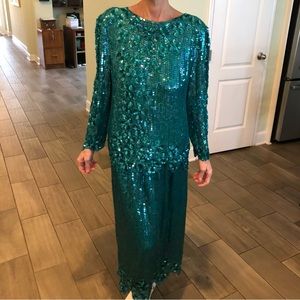 💚Vintage Scala 100% Silk Sequin Green Formal Evening Cocktail 2 Piece Med EC.
